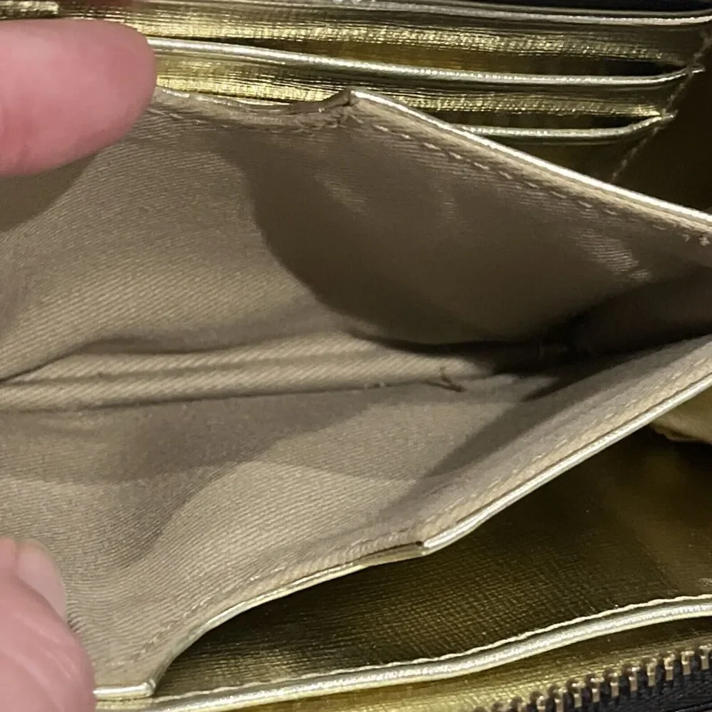 Fossil Sydney Wallet Wristlet Black Metallic Gold Leather Accordion‎ Clutch